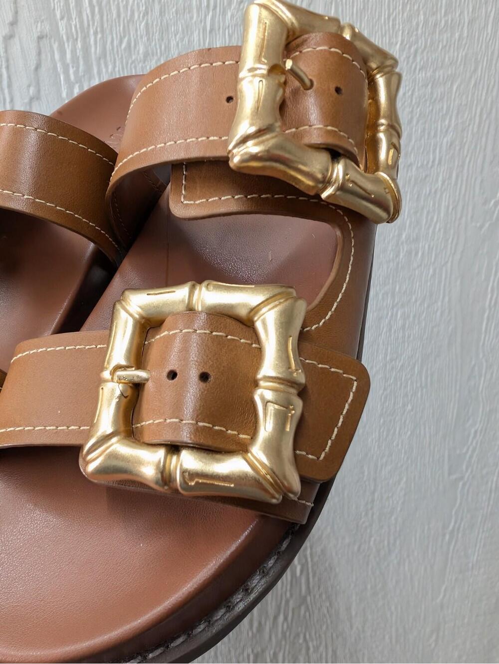 SHUTZ Enola Sporty Leather Slides Sandals Gold Buckles Women's Size 8 - Picture 5 of 9